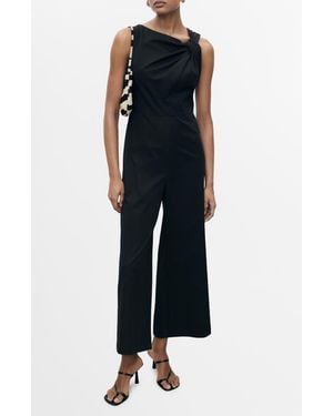 Mango Asymmetric Neck Cotton Blend Crop Jumpsuit - Black