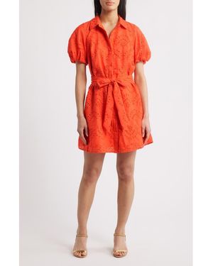Sam Edelman Puff Sleeve Eyelet Shirtdress - Red