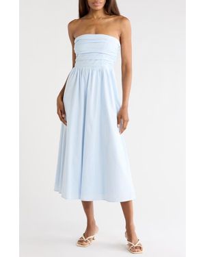 Wayf Ruched Strapless Midi Dress - Blue