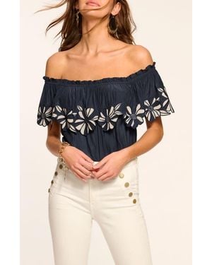 Ramy Brook Terri Embroidered Floral Ruffle Off The Shoulder Top - Black