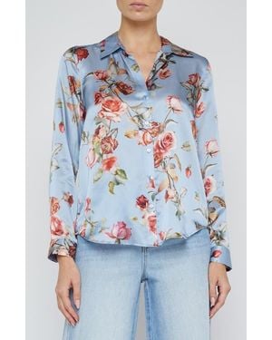 L'Agence Tyler Floral Print Silk Button-Up Shirt - Blue
