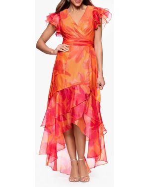 Xscape Evenings Metallic Floral High Low Gown - Red