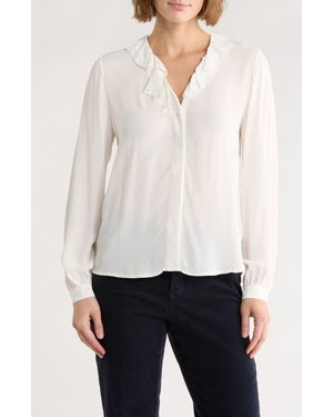 Brooks Brothers Ruffle Trim Crepe Button-Up Top - Natural