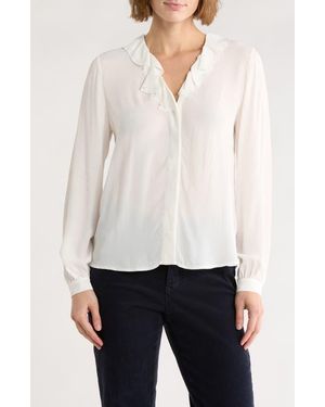 Brooks Brothers Ruffle Trim Crepe Button-Up Top - Natural
