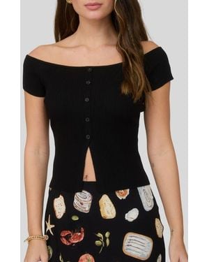 Blu Pepper Short Sleeve Button Front Rib Knit Top - Black