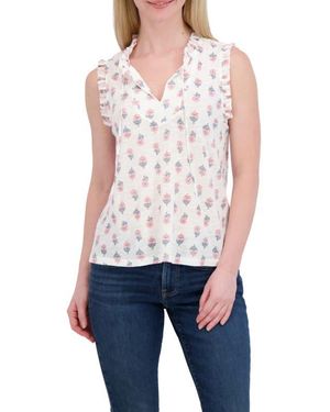 Lucky Brand Ruffle Split Neck Cotton Blend Tank - White