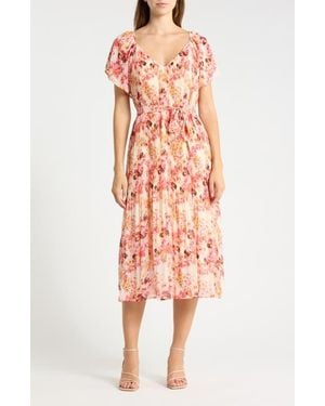 Ichi Floral Print Tie Waist Dress - Red