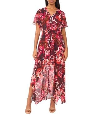 Halogen® V-Neck Smocked Handkerchief Hem Maxi Dress - Red