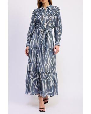 En Saison Cypress Long Sleeve Tie Belt Tiered Maxi Shirtdress - Blue