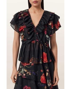 AllSaints Alma Floral Print Ruffle Top - Black