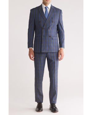 Gino Vitale Slim Fit Check Double Breasted Suit - Blue