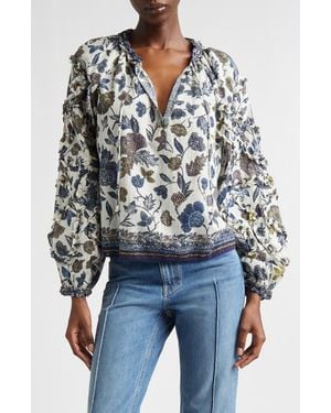 Ulla Johnson Azrou Floral Ruffle Split Neck Peasant Top - Multicolor