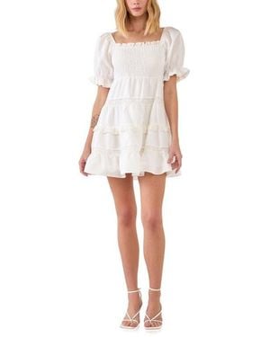 Endless Rose Smocked Cotton & Linen Minidress - White