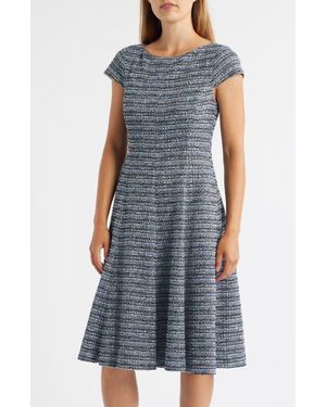 Eliza J Tweed Cap Sleeve Fit & Flare Dress - Blue
