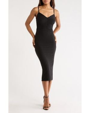 L'Agence Narissa Rhinestone Embellished Shirred Mesh Midi Dress - Black