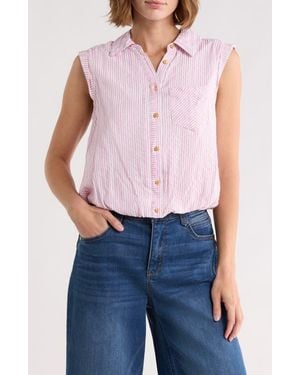 Democracy Cap Sleeve Bubble Hem Cotton Seersucker Top - Pink