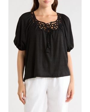 Max Studio Split Neck Puff Sleeve Top - Black