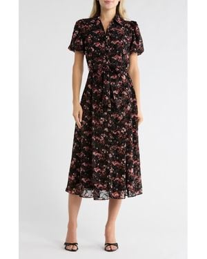 Sandra Darren Puff Sleeve Button Front Midi Dress - Black