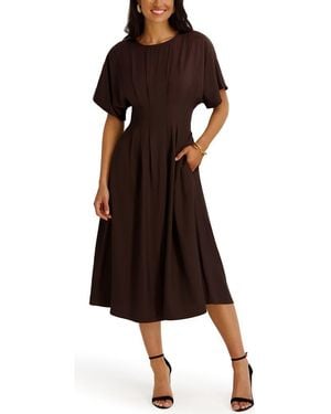Kensie Short Sleeve Fit & Flare Midi Dress - Brown