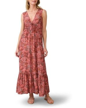 Faherty Eden Floral Print Ruffle Hem Sleeveless Maxi Dress - Red
