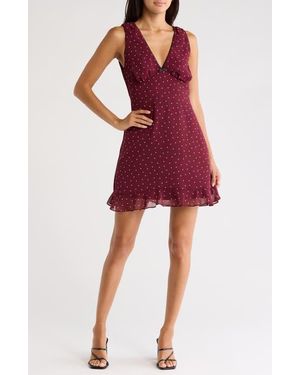 Wayf Polkadot V-Neck Ruffle Hem Minidress - Red
