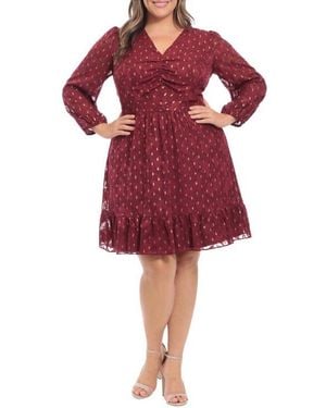 London Times Metallic Dot Long Sleeve Dress - Red