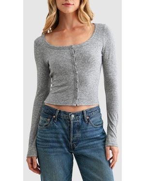 Lush Long Sleeve Button Front Knit Top - Gray