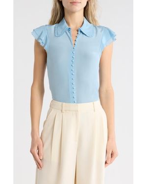 Alice + Olivia Martel Flutter Sleeve Silk Button-Up Top - Blue