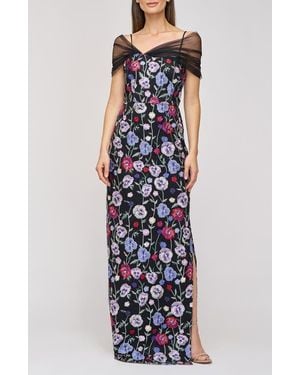JS Collections Stormi Floral Embroidery Mesh Sleeve Gown - White