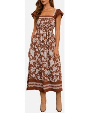 Blu Pepper Floral Flutter Sleeve Midi Dress - Brown