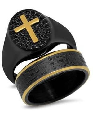 Steeltime Two-Tone Cross Signet Ring - Black
