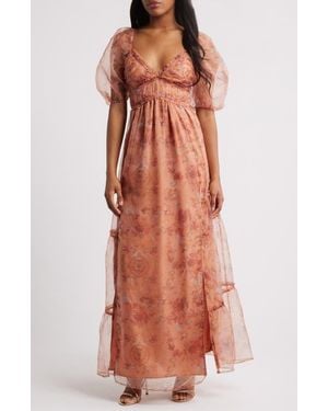 Lulus Daphne Floral Print Organza Gown - Orange