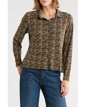 Adrianna Papell Tulip Print Button Front Knit Top - Black