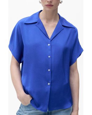 Mango Short Sleeve Satin Button-Up Shirt - Blue