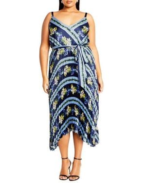 City Chic Amelia Floral Pleated Handkerchief Hem Dress - Blue