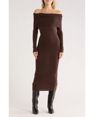 Wayf Off The Shoulder Long Sleeve Sweater Dress - Brown