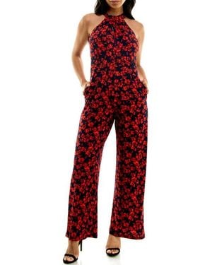 Nina Leonard Twisted Halter Neck Jumpsuit - Red