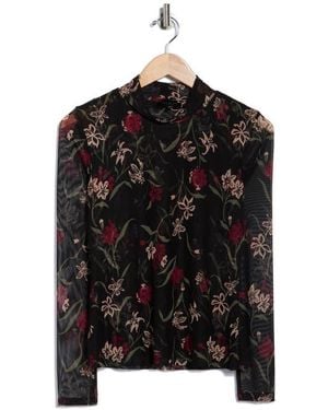 Ted Baker Long Sleeve Printed Mesh Mock Neck Top - Black