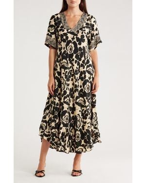 La Fiorentina Floral V-Neck Midi Dress - Metallic