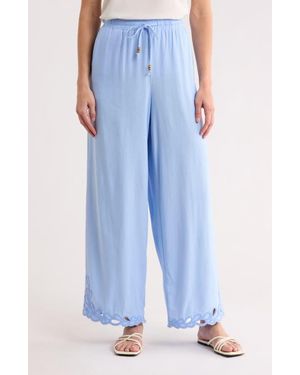 Ellen Tracy Embroidered Eyelet Hem Wide Leg Pull-On Pants - Blue