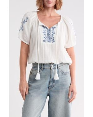Lucky Brand Embroidered Cotton Gauze Top - White