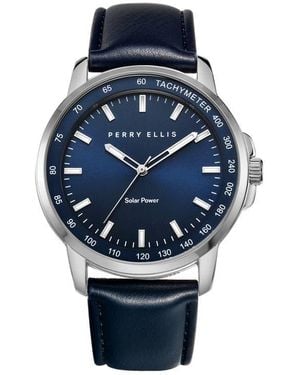 Perry Ellis Solar Powered 3-Hand Quartz Leather Strap Watch, 41Mm - Blue