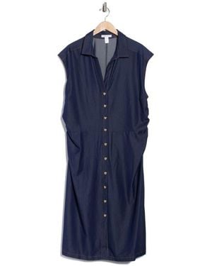 London Times Side Ruched Stretch Denim Midi Dress - Blue