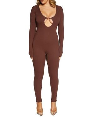 Naked Wardrobe Binding Deep Keyhole Long Sleeve Jumpsuit - Red