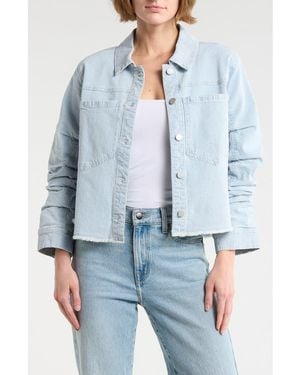Democracy Stripe Ruched Sleeve Denim Jacket - Blue