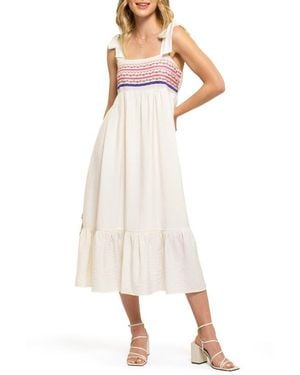 AUGUST SKY Embroidered Tie Strap Empire Waist Midi Dress - Natural