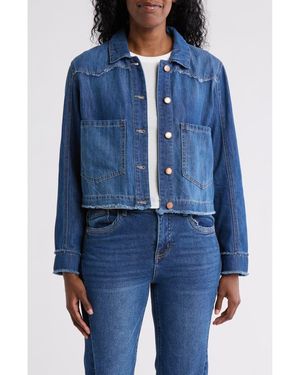 Democracy Fray Edge Crop Denim Shirt Jacket - Blue