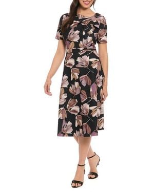 London Times Print Tie Neck Scuba Fit & Flare Dress - Black