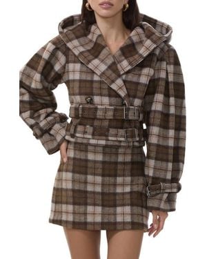AFRM Halifax Plaid Double Breasted Hooded Crop Jacket - Brown