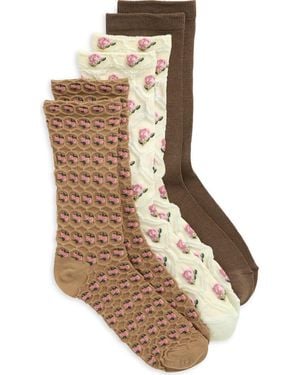 Nordstrom Rack 3-Pack Floral Jacquard Crew Socks - Brown